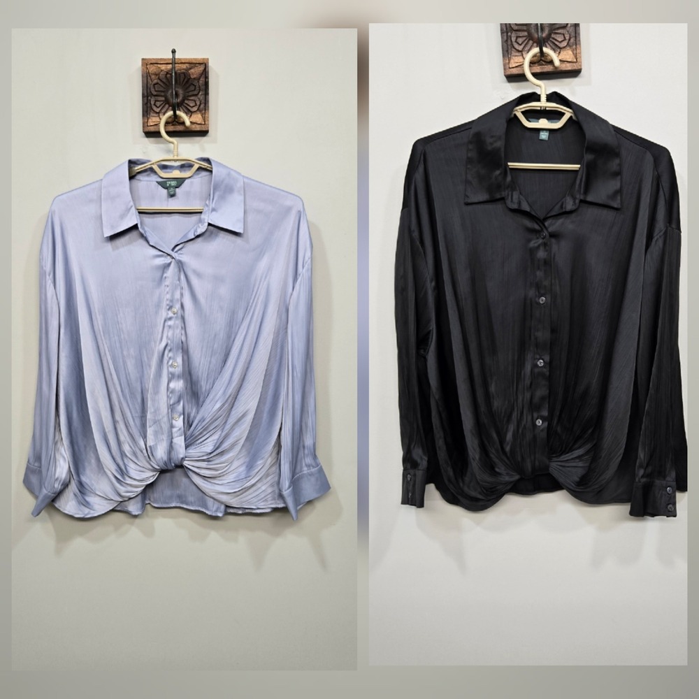 Terra & Sky Blouse 2-Piece Plus Size 1X Draped Twist-Front Satin Ice Blue Black